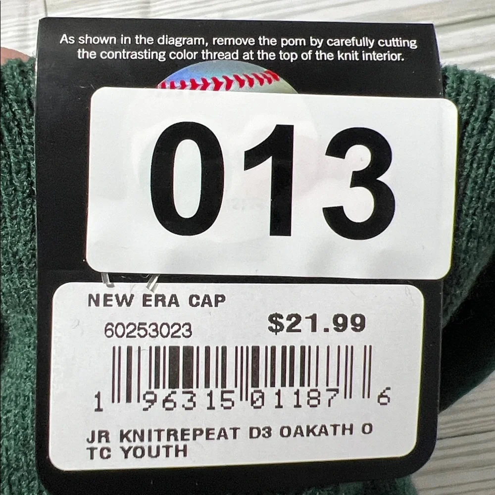 New Era Athletics‎ Kids knit Beanie Green/Yellow Pom Pom removable youth OS MLB